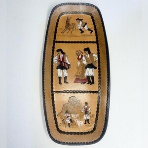 Vintage Leather Tray From Rome Italy Folk Art 15.5”x7.5” Wall Hanging Option EUC